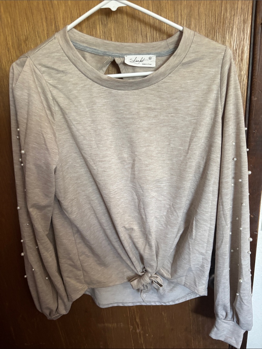 Taupe Pearl-Accent Tie-Front Sweatshirt